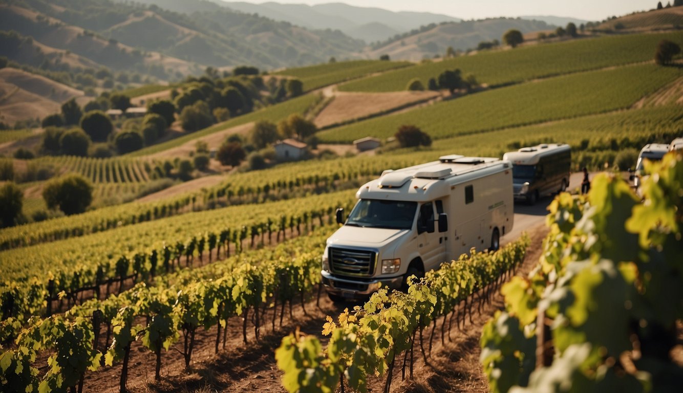 Vineyards sprawl across rolling hills, workers harvest grapes. Caravans traverse trade routes, carrying barrels of wine. Innovations in winemaking are evident in the bustling Renaissance wine culture