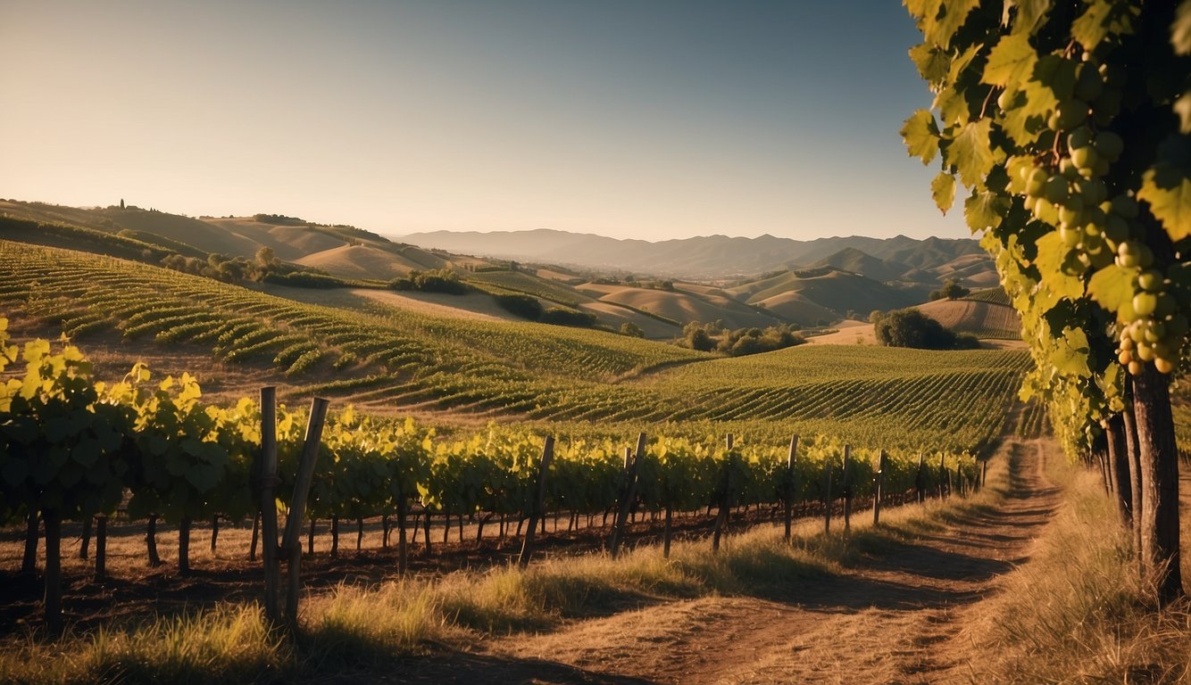 Vineyards stretch across rolling hills, connected by winding trade routes. Ships laden with barrels of wine sail to distant lands, spreading Renaissance wine culture