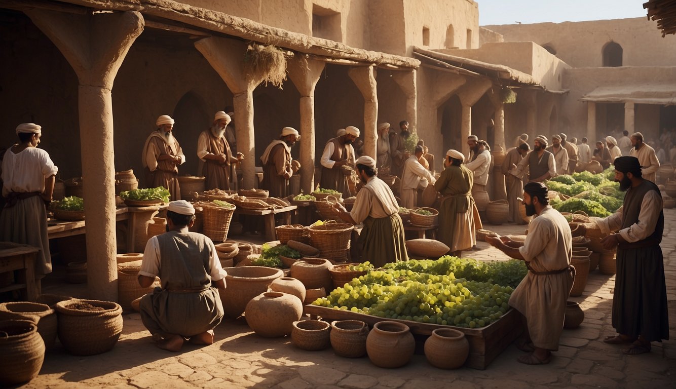 A bustling ancient Mesopotamian marketplace, with merchants trading wine amphorae, scholars discussing wine's medicinal properties, and artists capturing the beauty of vineyards in their paintings