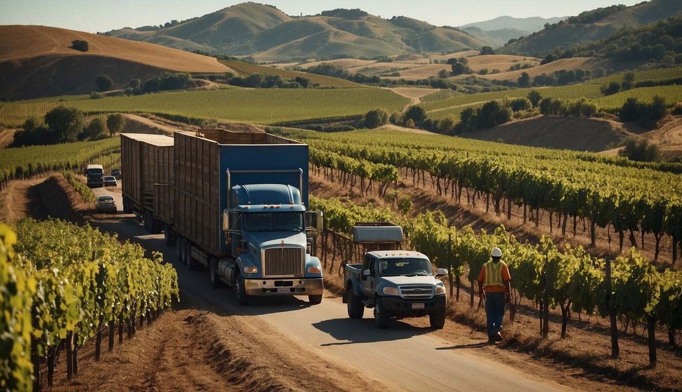 Vineyards stretch across rolling hills, with workers tending to the grapevines. Trucks transport wine barrels to a bustling port, where they are loaded onto ships bound for international markets