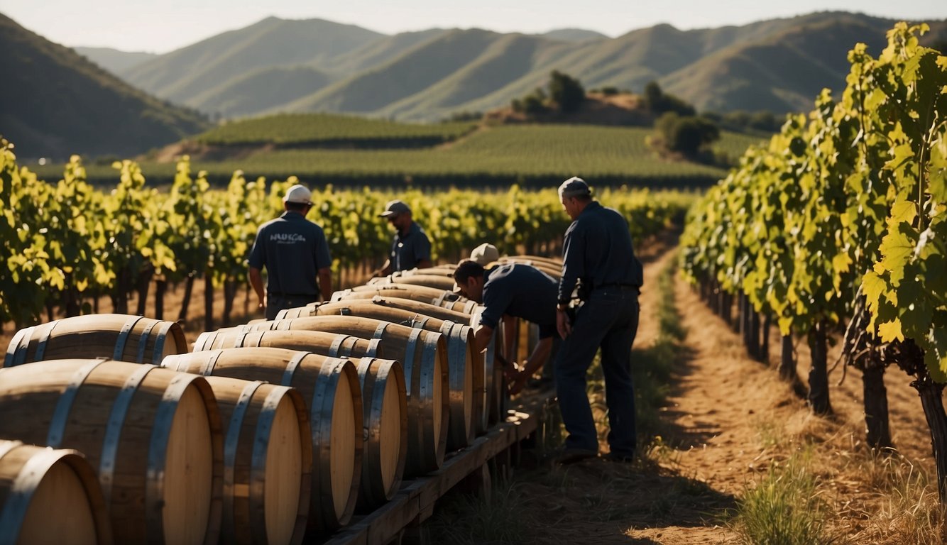 Vineyards stretching across rolling hills, with workers tending to the grapevines. Wine barrels being loaded onto ships at a bustling port