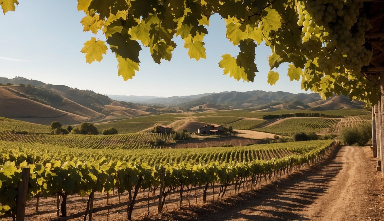 Vineyard landscape with rolling hills, rows of grapevines, and a rustic winery nestled in the countryside. Visitors enjoy wine tastings, tours, and outdoor picnics among the scenic backdrop