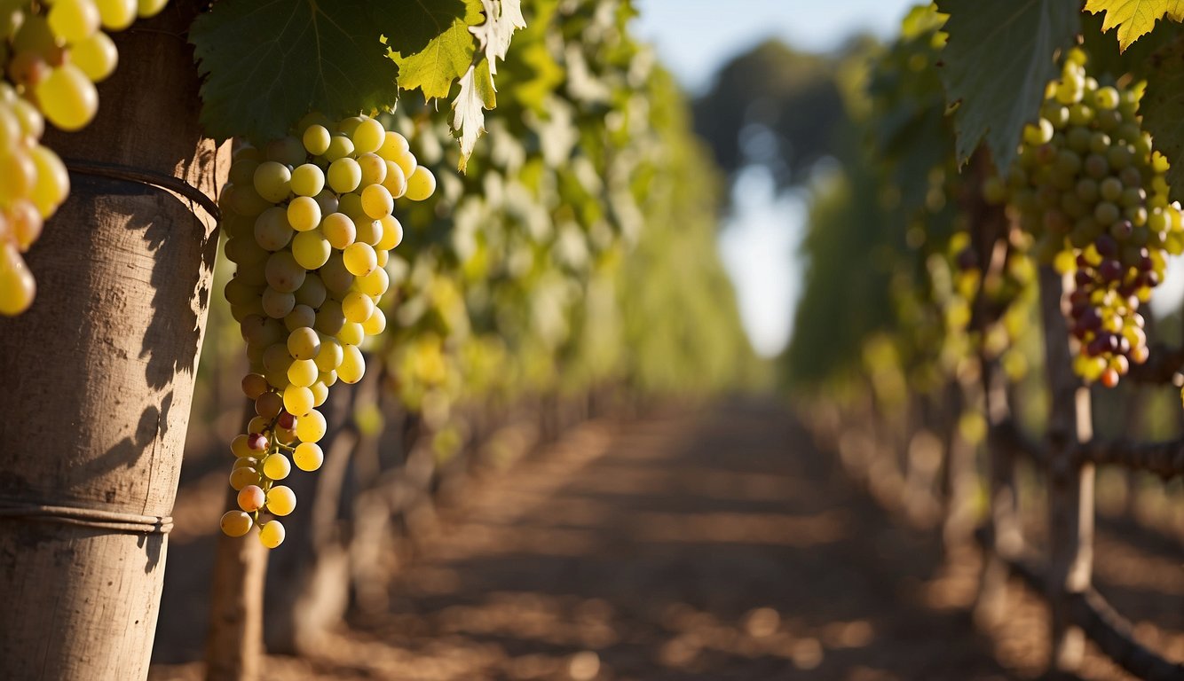 Lush grapevines climb ancient Egyptian trellises, ripe clusters ready for harvest. Workers press grapes into large stone vats, beginning the wine production process