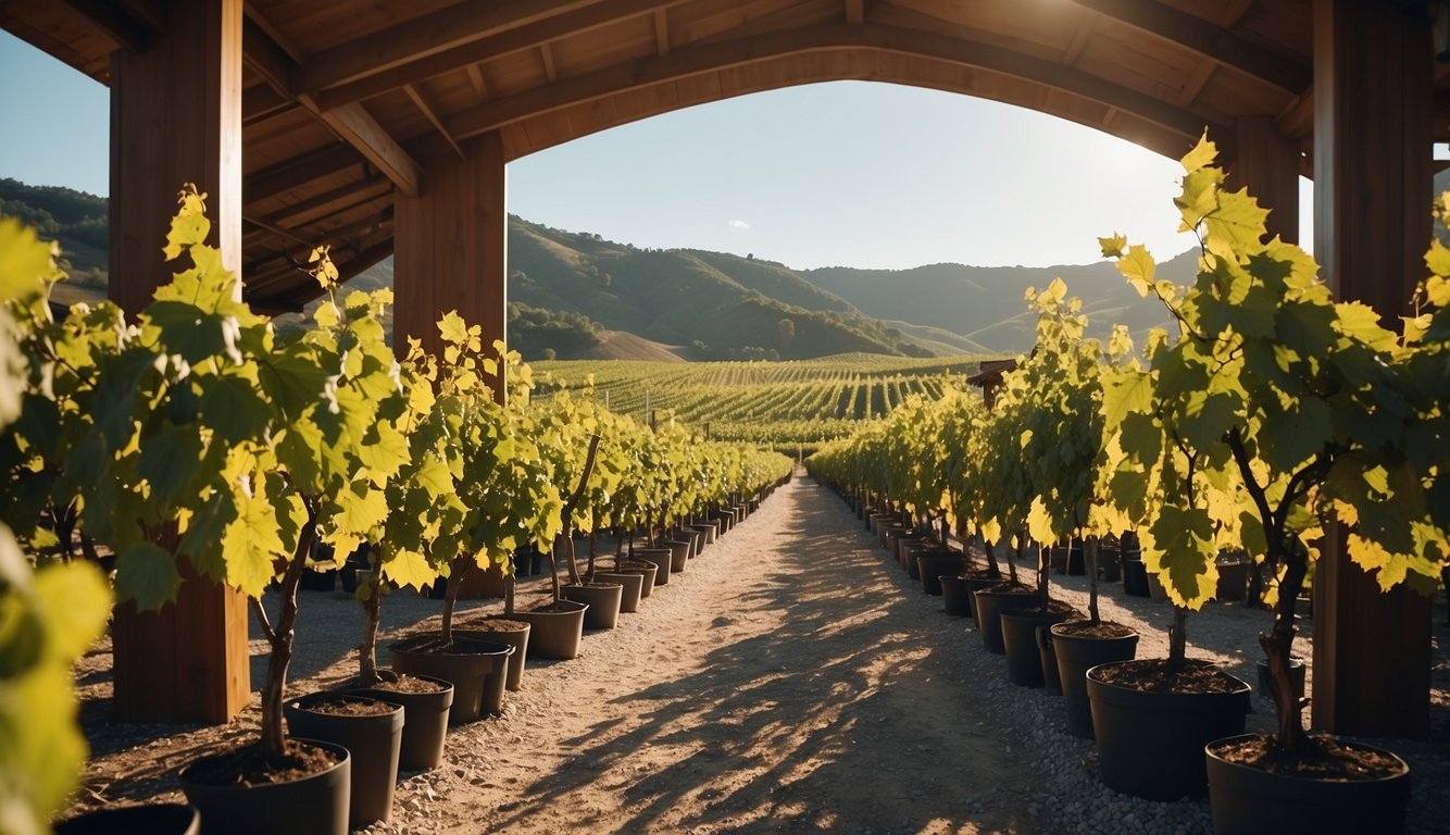 Vineyard with modern eco-friendly architecture, tourists exploring wine-making process, and sustainable practices