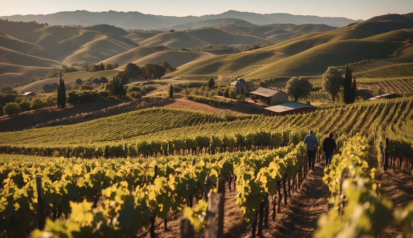 Vineyards sprawl across rolling hills, with tourists exploring tasting rooms and vineyard tours. Local businesses thrive from wine-related tourism