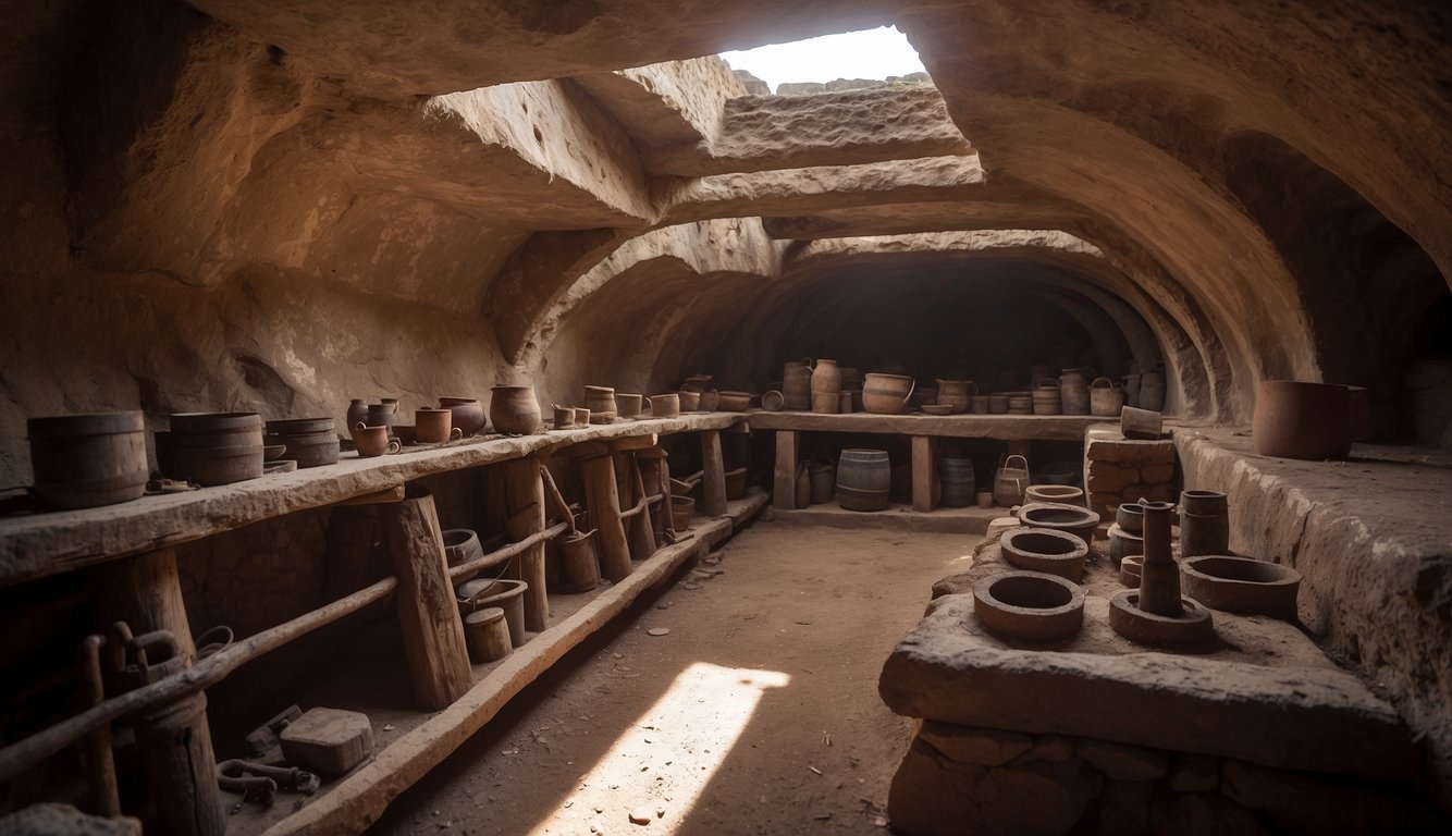 Ancient wine press surrounded by remnants of grape vines and storage jars in a dimly lit underground cellar