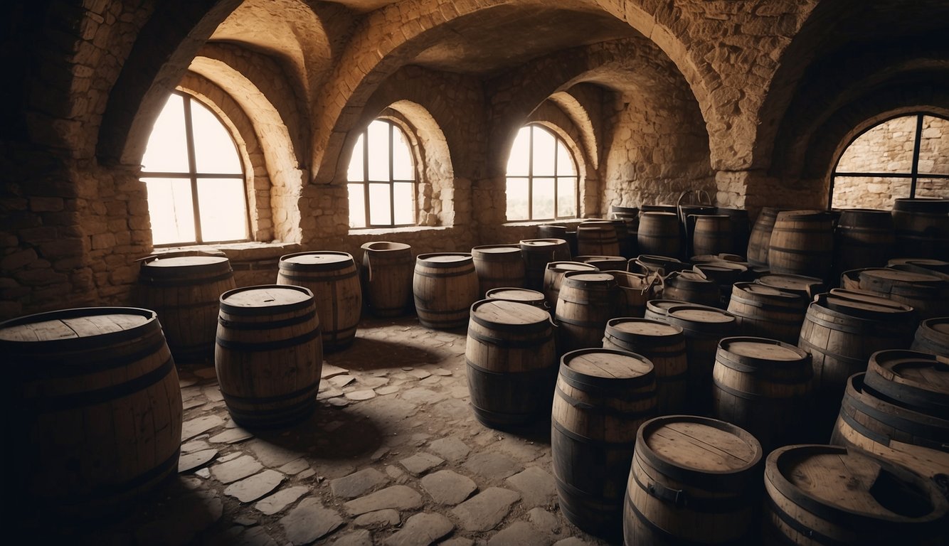 Excavation site reveals ancient wine presses and cellars. Digging tools, artifacts, and remnants of grape vines scatter the area