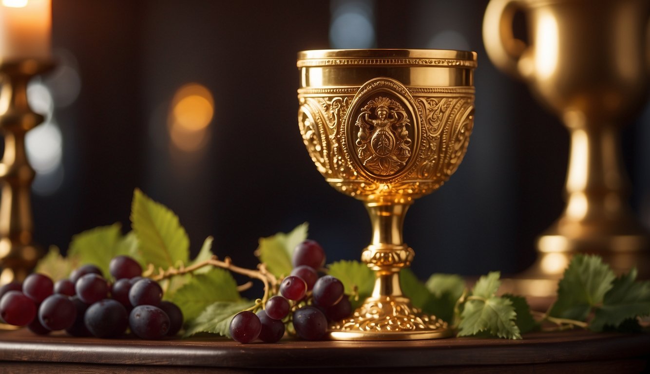 A golden goblet overflows with wine, set upon an ornate altar. A priestess raises it high, offering the sacred libation to the gods