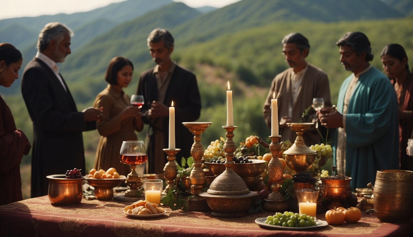 A group of people gather around a ceremonial altar, adorned with offerings and symbols of wine. The atmosphere is reverent and spiritual, reflecting the deep cultural significance of wine in religious ceremonies throughout ancient civilizations