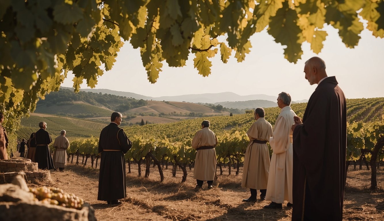 A vineyard with ancient temples in the background, grapes being harvested and pressed into wine, with priests conducting religious ceremonies