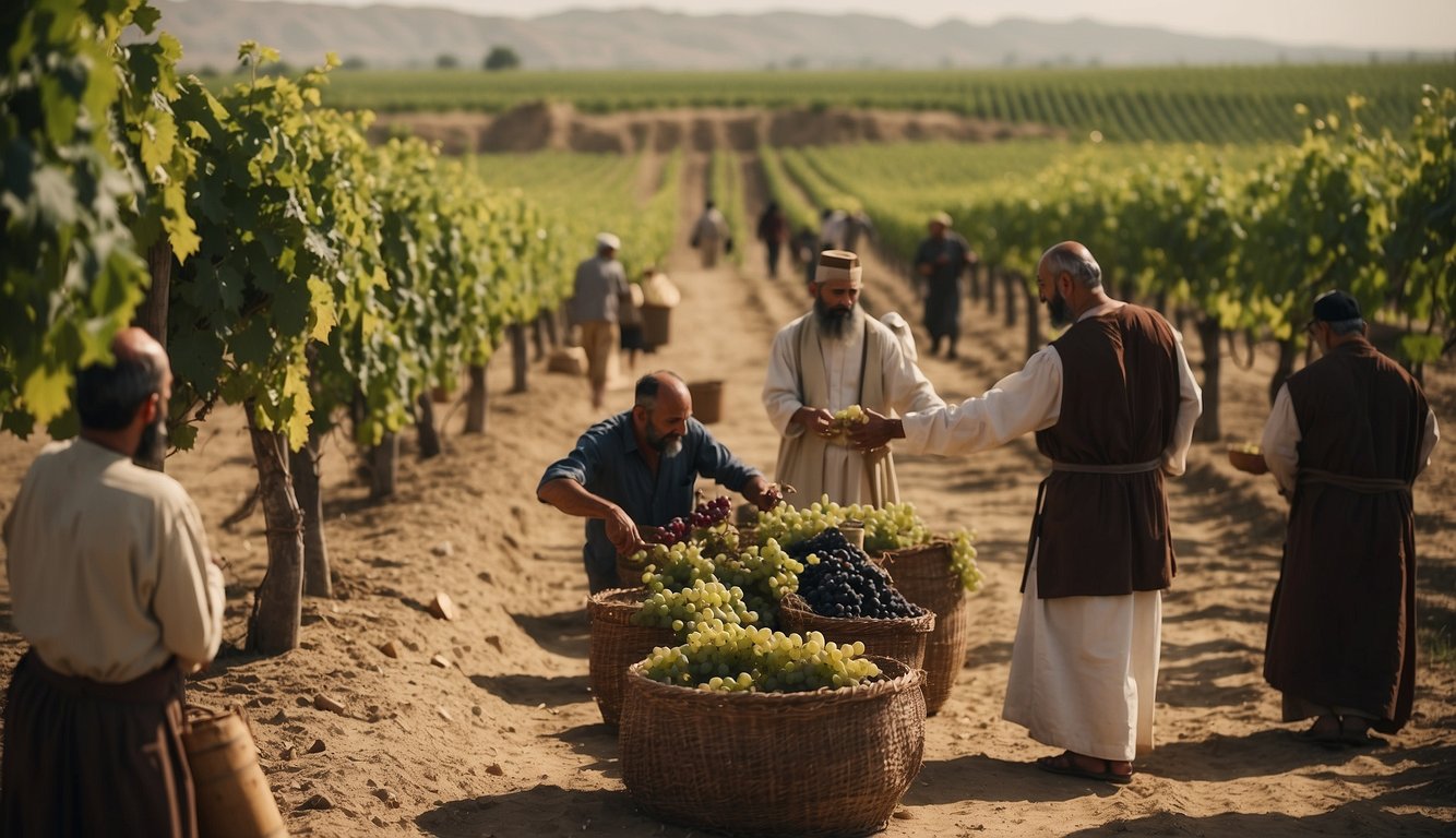 Vineyards stretching across ancient Mesopotamia, with workers tending to grapevines and pressing grapes into wine, while priests offer libations to the gods