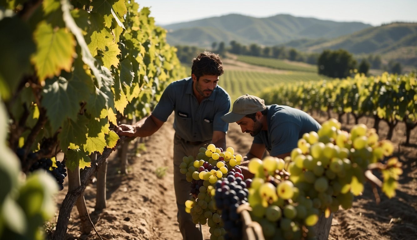 Vineyards stretching from the Near East to the Mediterranean, with workers tending to the grapevines and harvesting ripe clusters of grapes