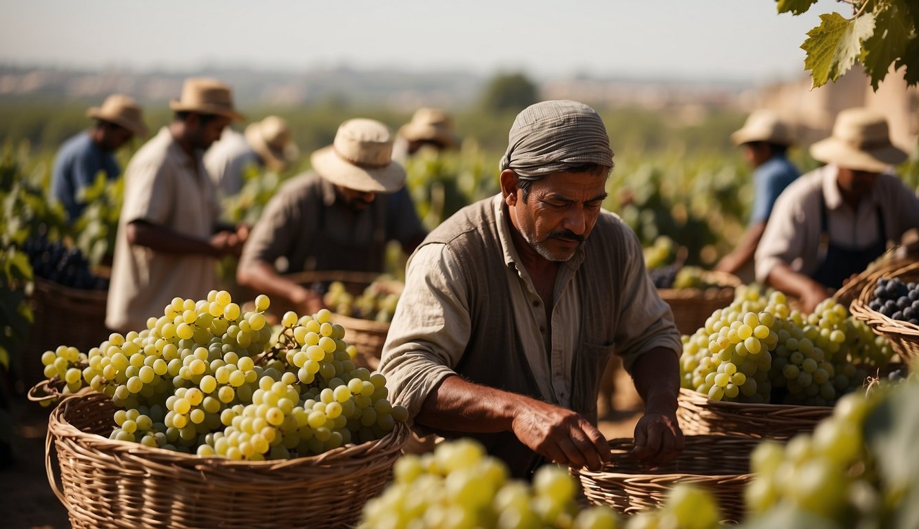 Vineyard workers harvest grapes under the hot sun. Nearby, traders exchange goods in a bustling marketplace. In the distance, Egyptian workers produce wine in large clay vessels