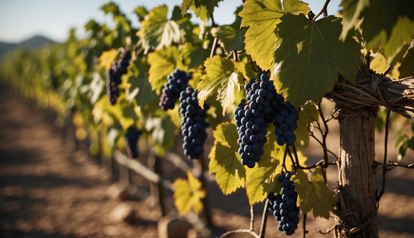 Lush vineyards sprawl across rolling hills, with workers tending to the grapevines. A warm Mediterranean sun bathes the landscape, as ancient winemaking techniques are employed