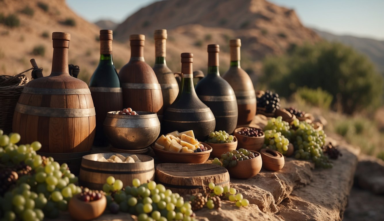 Ancient wines transported on trade routes, passing through diverse landscapes and climates, with caravans and ships carrying amphorae and barrels