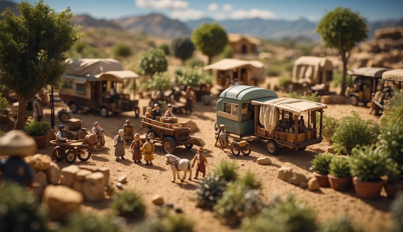 Ancient trade routes crisscrossing through diverse landscapes, with caravans of goods and wines being exchanged between merchants