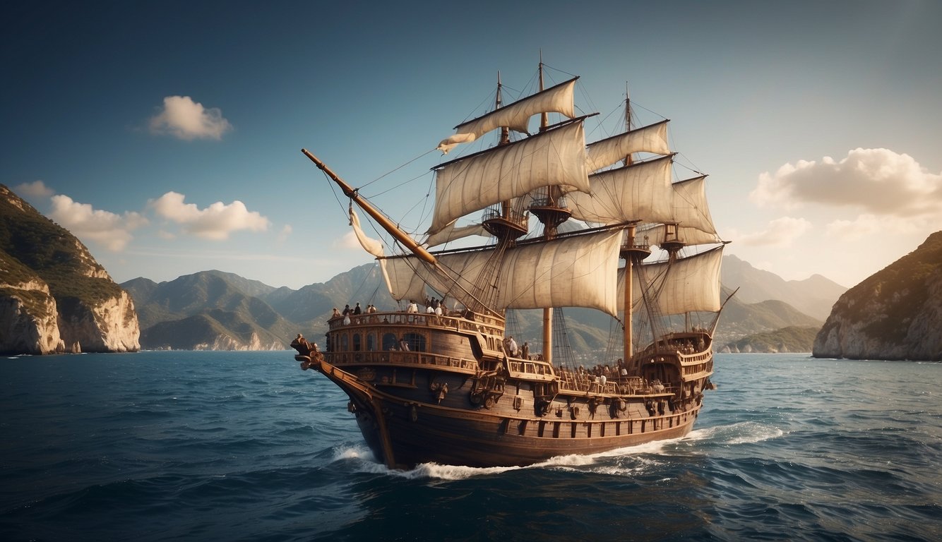 Ancient ships navigate trade routes, carrying technological advancements and distributing wines across the seas