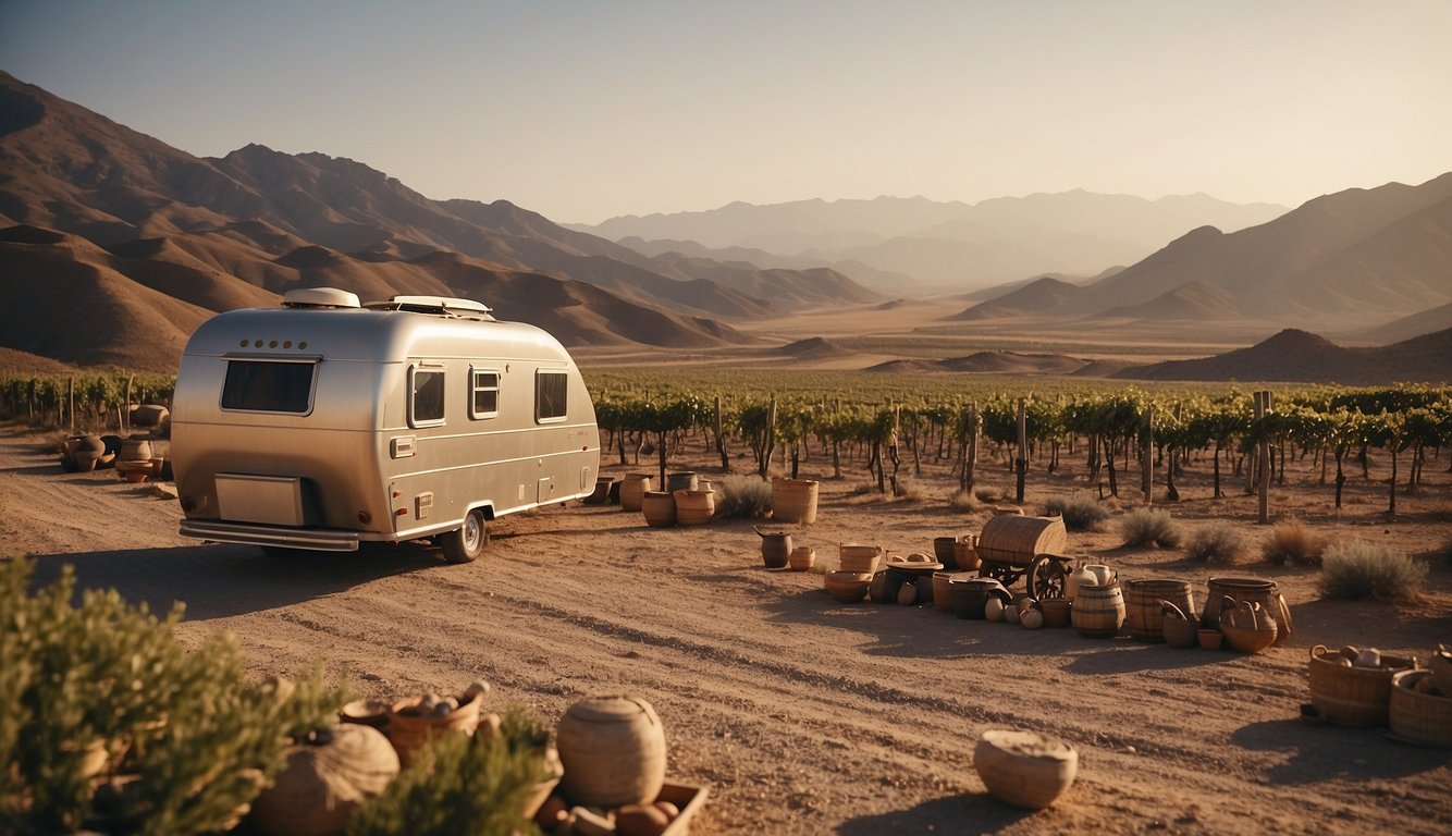 Ancient trade routes wind through mountains and deserts, connecting distant regions. Caravans carry precious wines in amphorae, exchanging goods along the way