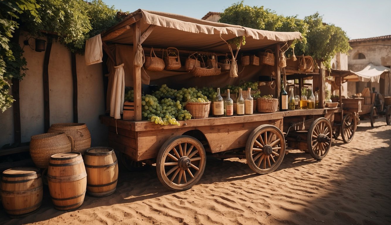 Ancient wines transported on trade routes, exchanging cultures and impacting economies. Illustrate caravans, ships, and market scenes