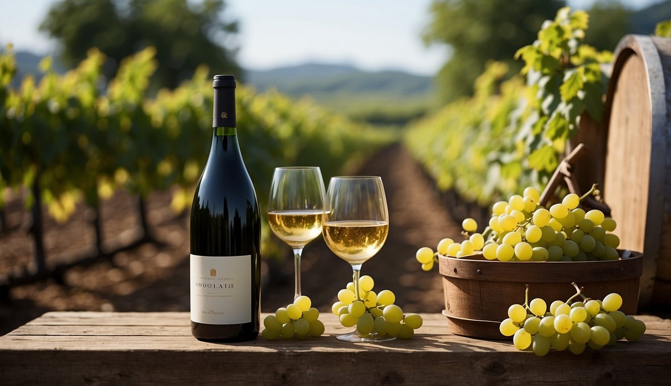 A vineyard with grapevines and barrels, surrounded by notable Renaissance inventions like a wine press, cork, and glass bottles