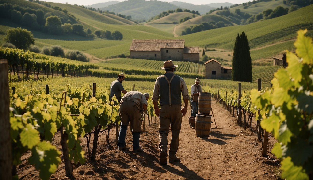 Lush vineyards sprawl across rolling hills, with workers tending to grapevines. Renaissance-era winemaking tools and techniques are on display in a rustic cellar