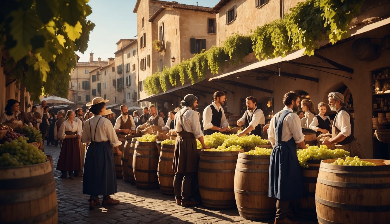 A bustling marketplace with merchants trading wine barrels. Renaissance architecture in the background. Grapes and wine presses scattered around