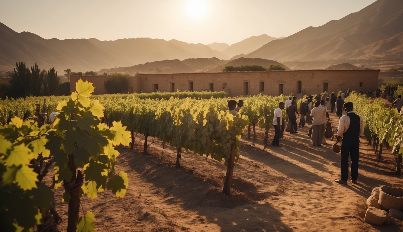 A vineyard in ancient Egypt, with workers tending to grapevines and harvesting grapes. A temple in the background symbolizes the religious significance of wine production