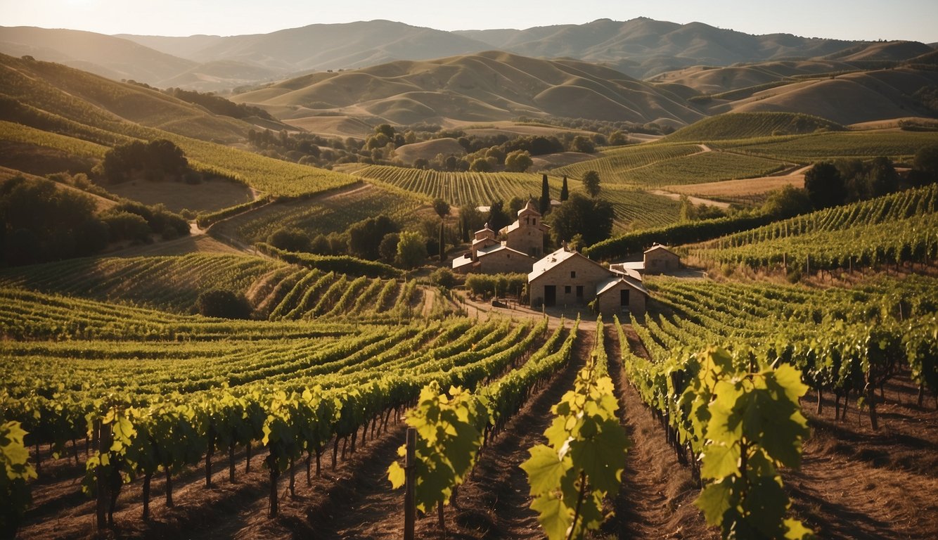 Vineyards stretching across rolling hills, with workers tending to grapevines and stone winemaking structures dotting the landscape