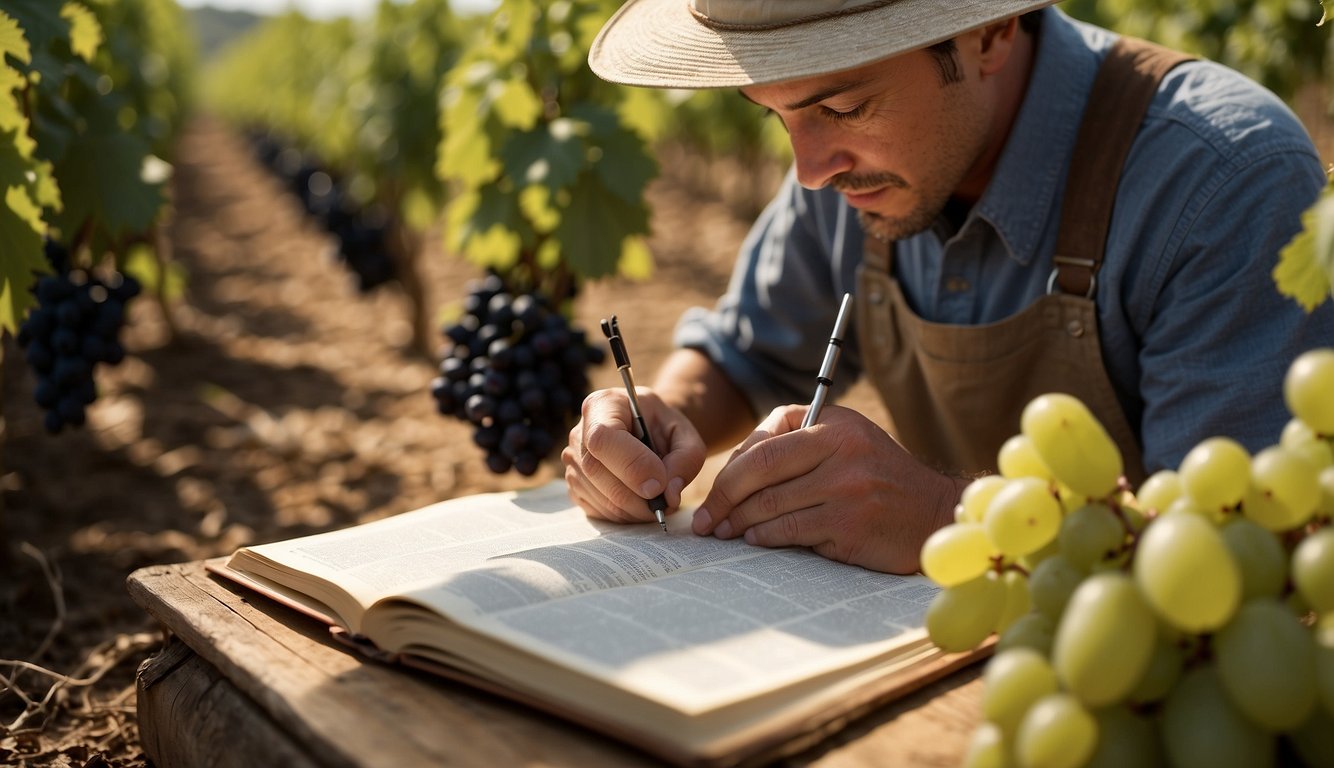 Vineyard workers study scientific texts, replacing traditional methods with new tools and techniques. Grapes are carefully tended using precise measurements and instruments