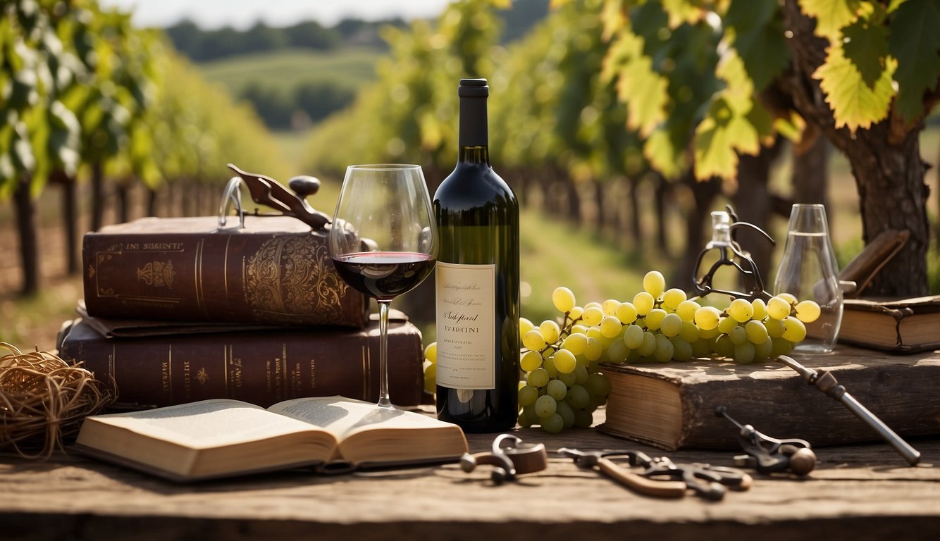 Vineyard landscape with old and new winemaking tools, surrounded by books and scientific instruments, symbolizing the transition from traditional to scientific viniculture during the Enlightenment