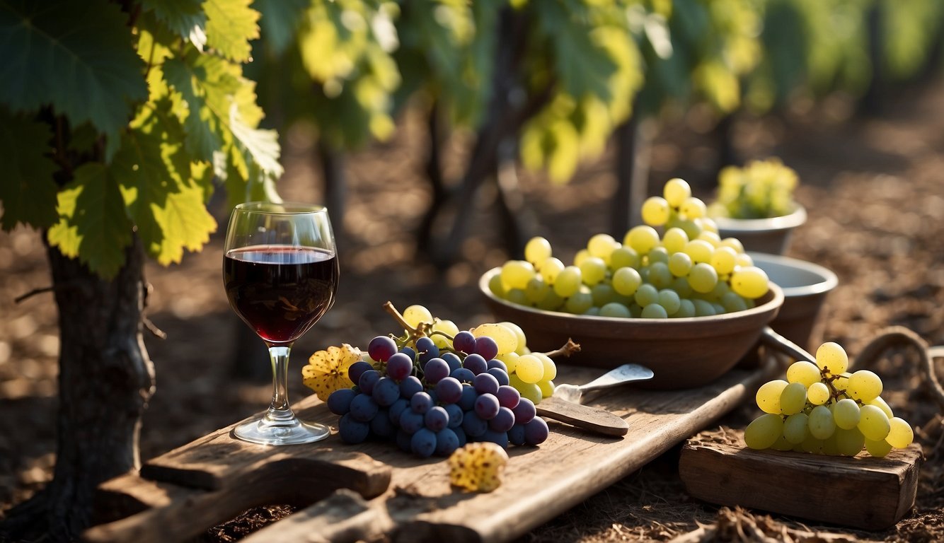 Vineyard landscape with traditional and scientific tools, old and modern grape varieties, and a contrast between manual and mechanized labor