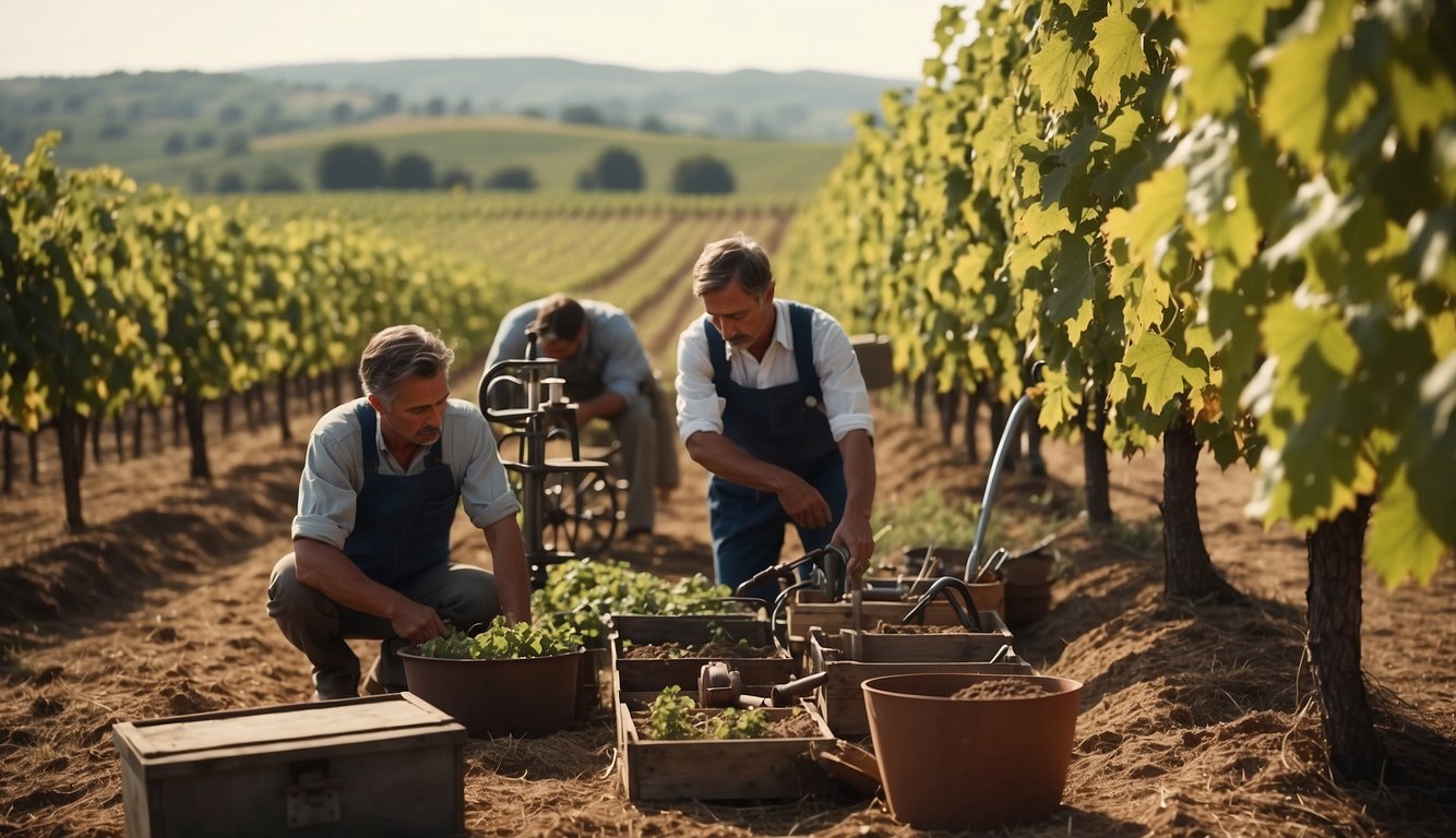 The vineyard landscape transforms from traditional to scientific methods. Old tools are replaced by new equipment, and workers are seen studying scientific literature. The atmosphere is one of change and progress