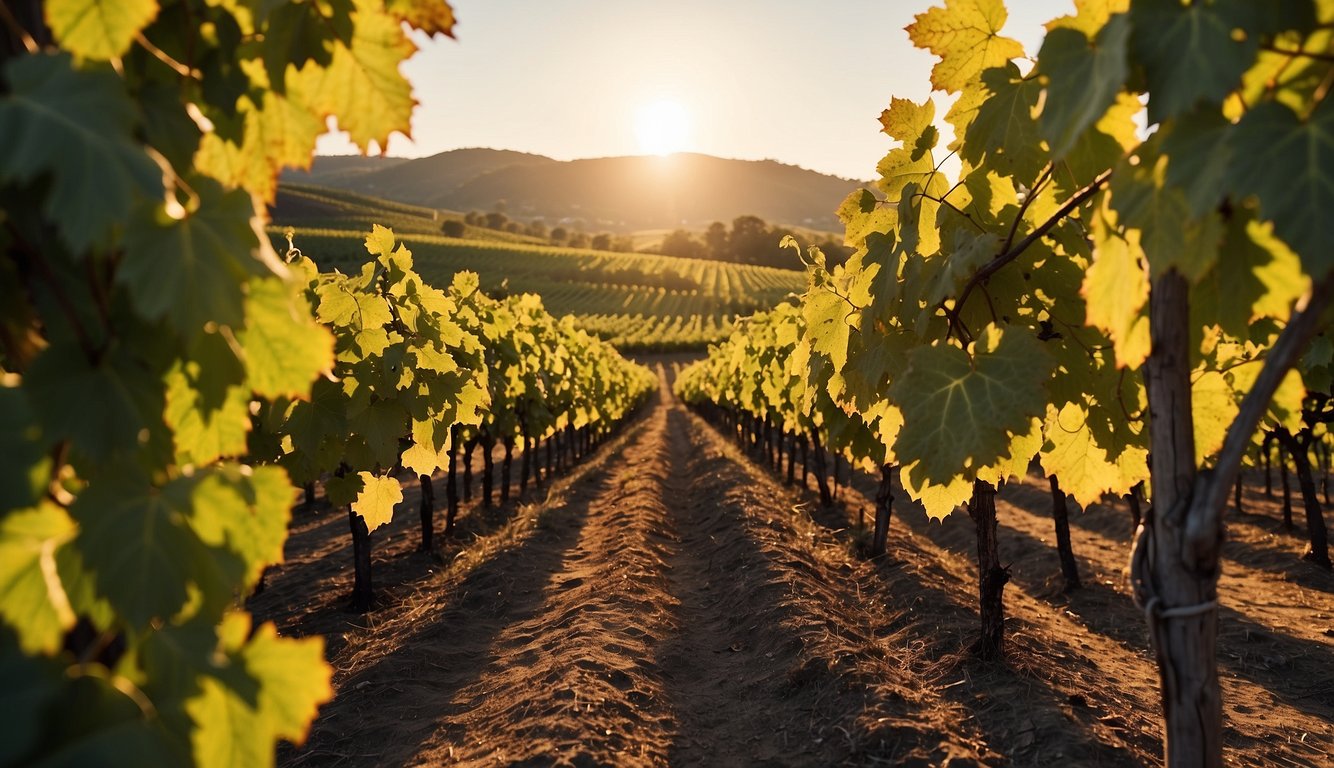 A vineyard bathed in golden sunlight, with rows of grapevines meticulously tended to using scientific methods, showcasing the shift from traditional to modern viniculture during the Enlightenment