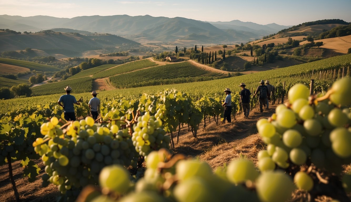 Vineyards sprawl across rolling hills, workers harvest grapes, and merchants negotiate deals in bustling marketplaces, all against the backdrop of grand European cities