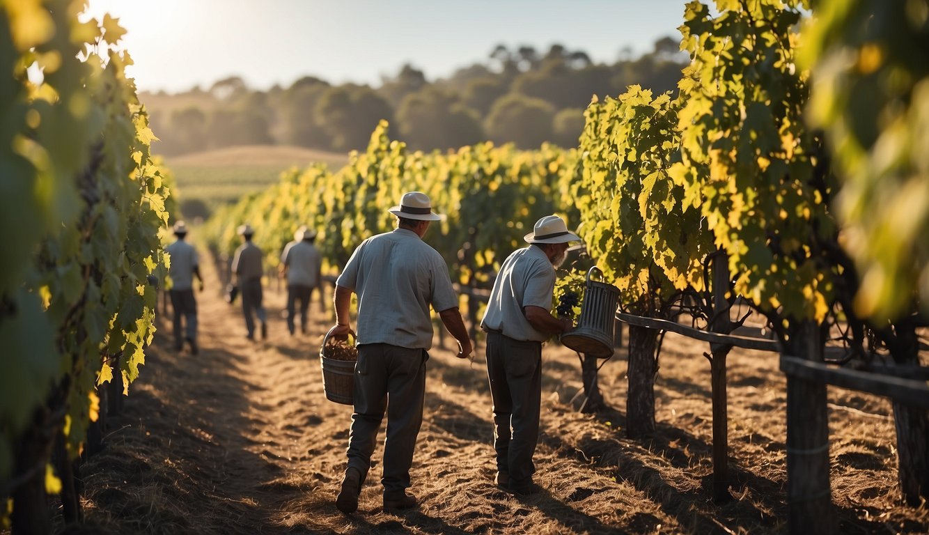 Vineyard workers harvest grapes under the Australian sun, while modern winemaking facilities stand in the background, showcasing the evolution of Australian winemaking from its humble beginnings in the penal colony to a global player