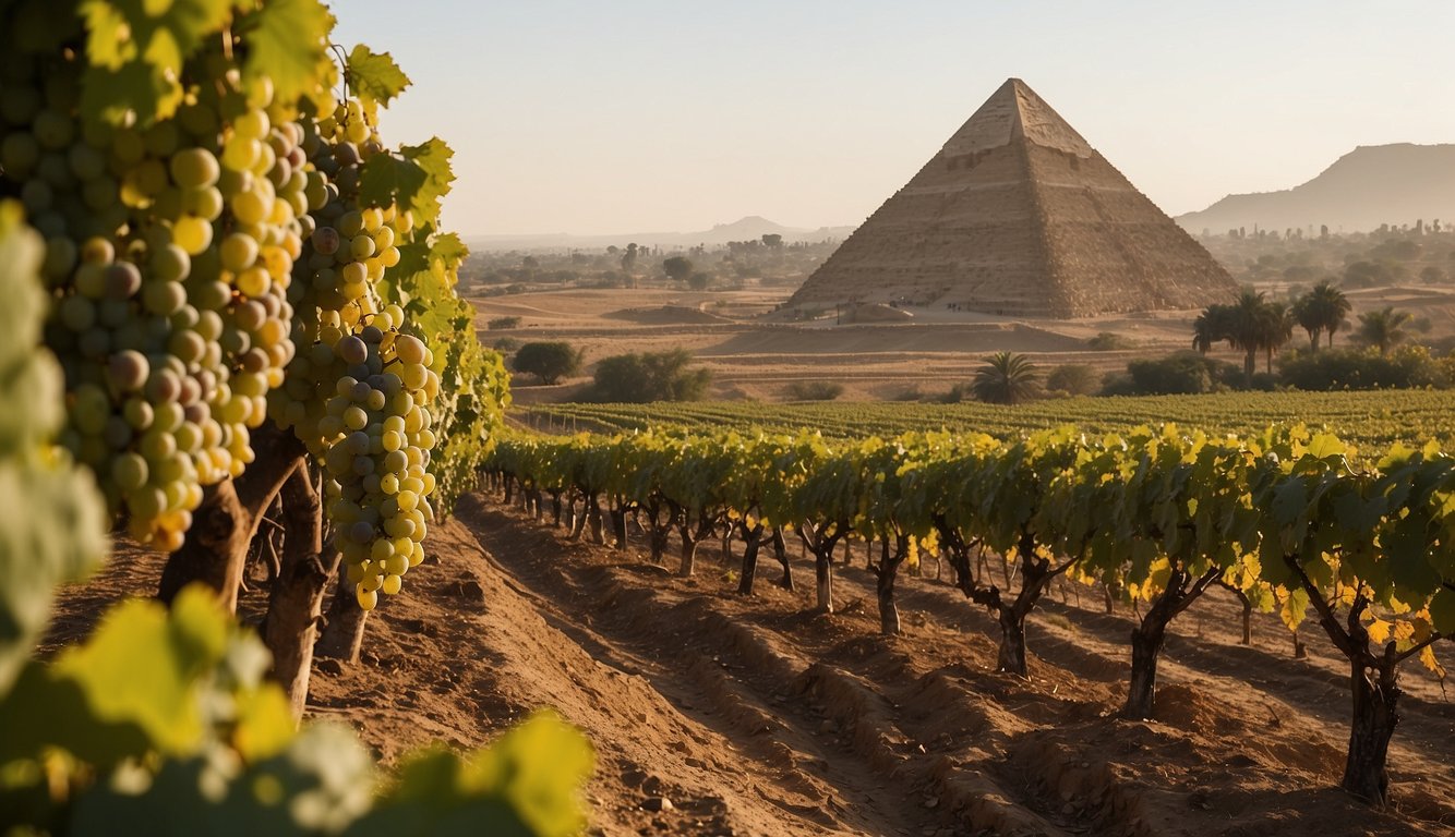 Vineyards stretch across the Nile's fertile banks. Workers tend to the grapevines, while others crush grapes in large stone presses. A pyramid looms in the background, symbolizing the ancient tradition of viticulture in Egypt