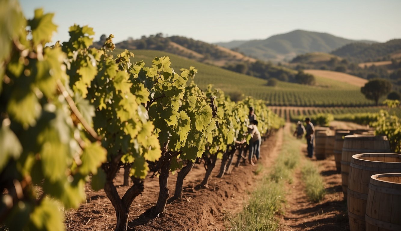 Vineyards sprawl across the rolling hills, with workers tending to the grapevines under the warm Australian sun. A winery stands proudly in the distance, surrounded by rows of barrels and the scent of fermenting grapes