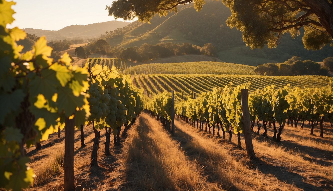 Vineyards sprawl across rolling hills, bathed in golden sunlight. Grapes hang heavy on the vines, ready for harvest. A rustic winery stands proudly amidst the lush landscape, a testament to Australia's winemaking prowess