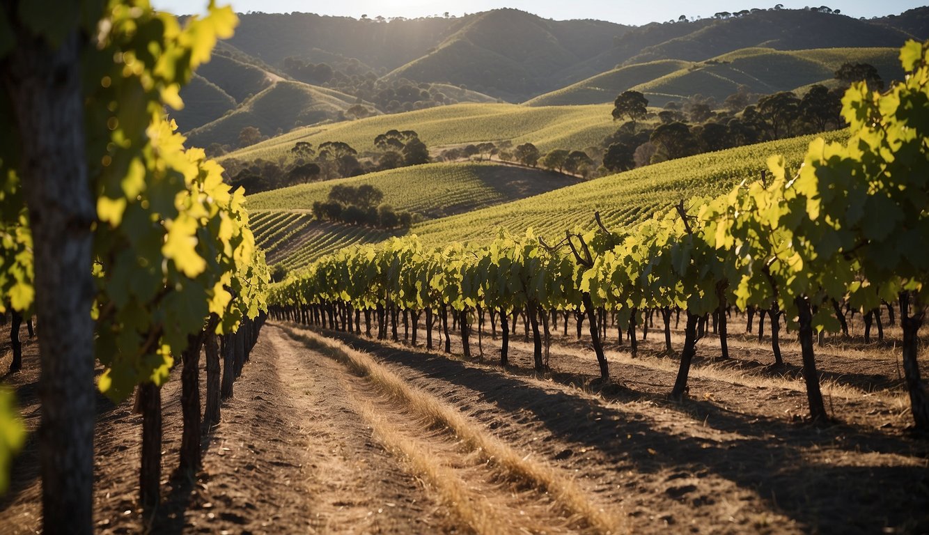 Vineyards stretch across rolling hills, with rows of lush grapevines under a bright Australian sun. A winery stands in the distance, surrounded by picturesque scenery, showcasing the country's winemaking prowess on the global stage