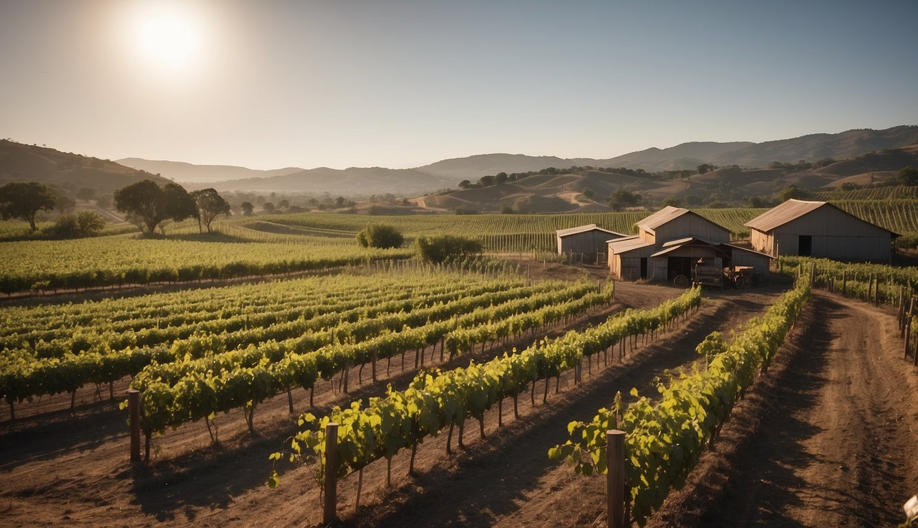 Vineyards sprawl across the colonial landscape, with workers tending to rows of grapevines. A rustic winemaking hut stands in the distance, surrounded by barrels and tools