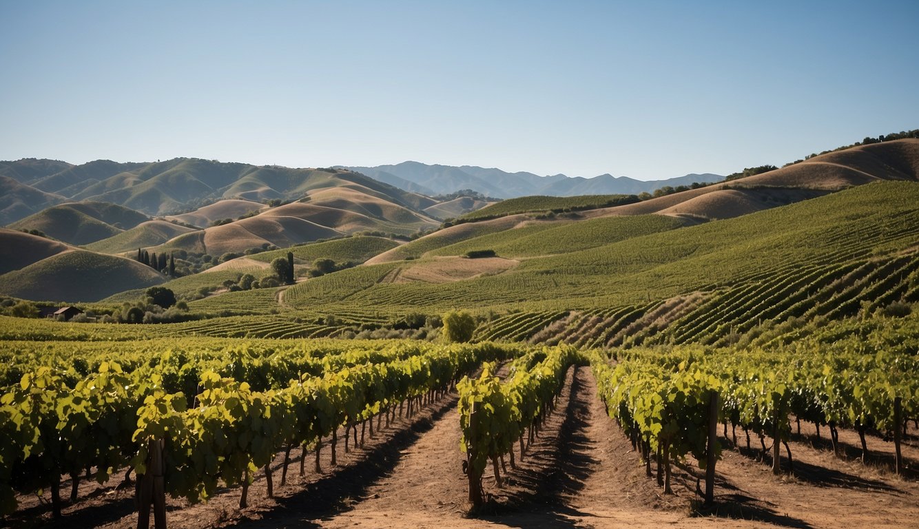 Rolling hills dotted with neat rows of grapevines, a rustic wooden winery in the distance, and a clear blue sky above