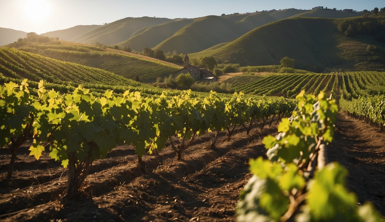 Lush green vines stretch across the rolling hills, basking in the warm sunlight. Workers toil diligently, tending to the young grapevines, while others celebrate a successful harvest, marking the birth of a new industry