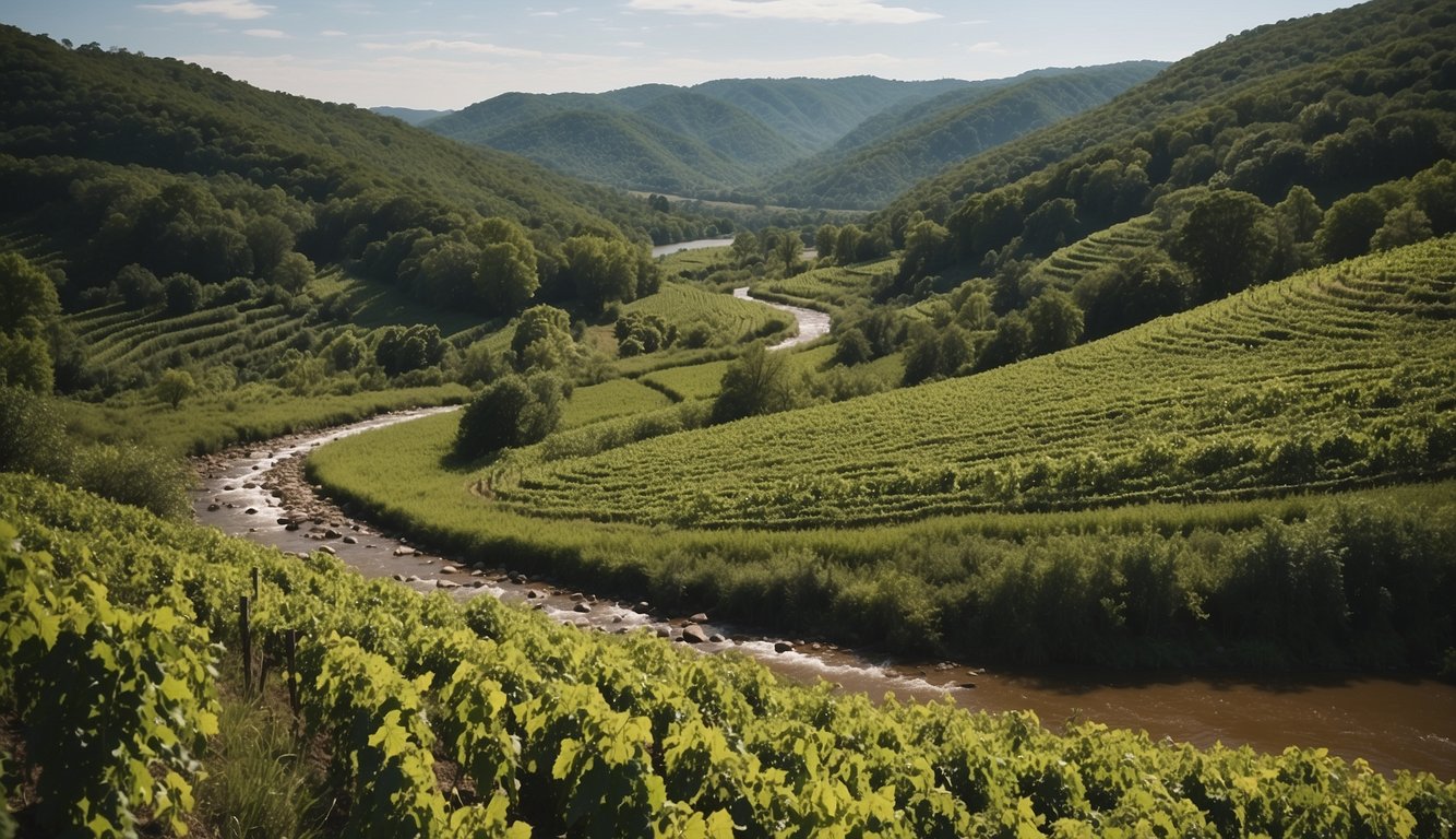 Rolling hills, lush greenery, and a winding river flow through the landscape of early colonial America, where vineyards begin to take root, influenced by the unique geographical and environmental factors of the region