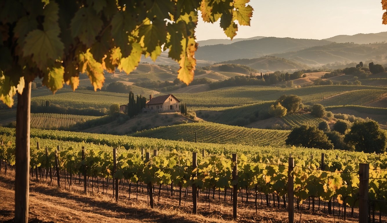 Rolling hills with rows of grapevines stretching into the distance, a rustic wooden winery in the background, and workers tending to the vines in the warm afternoon sun