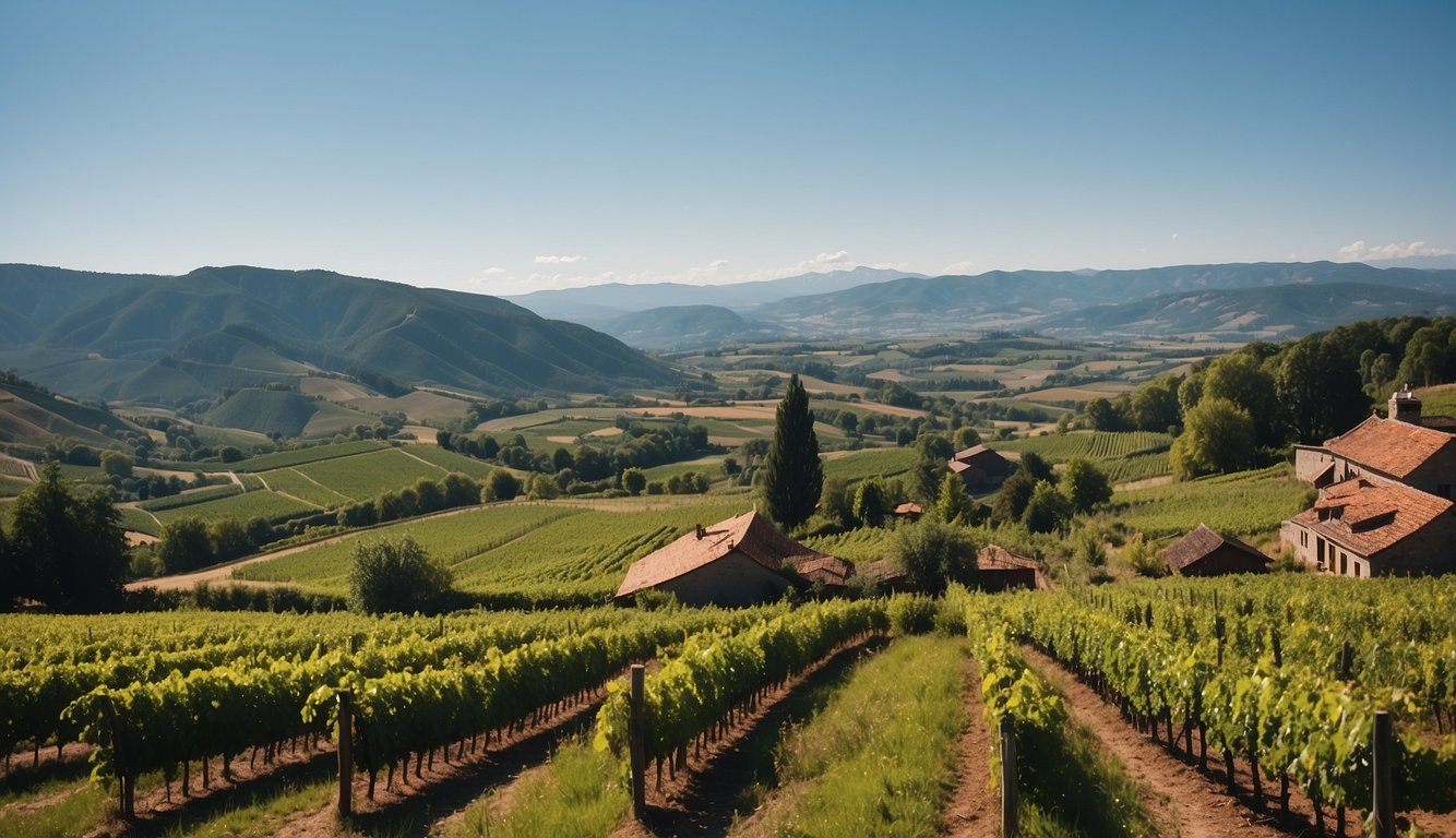 Vineyards sprawl across rolling hills, framed by majestic mountains and a vibrant blue sky. A historic Dutch homestead stands in the distance, surrounded by lush greenery