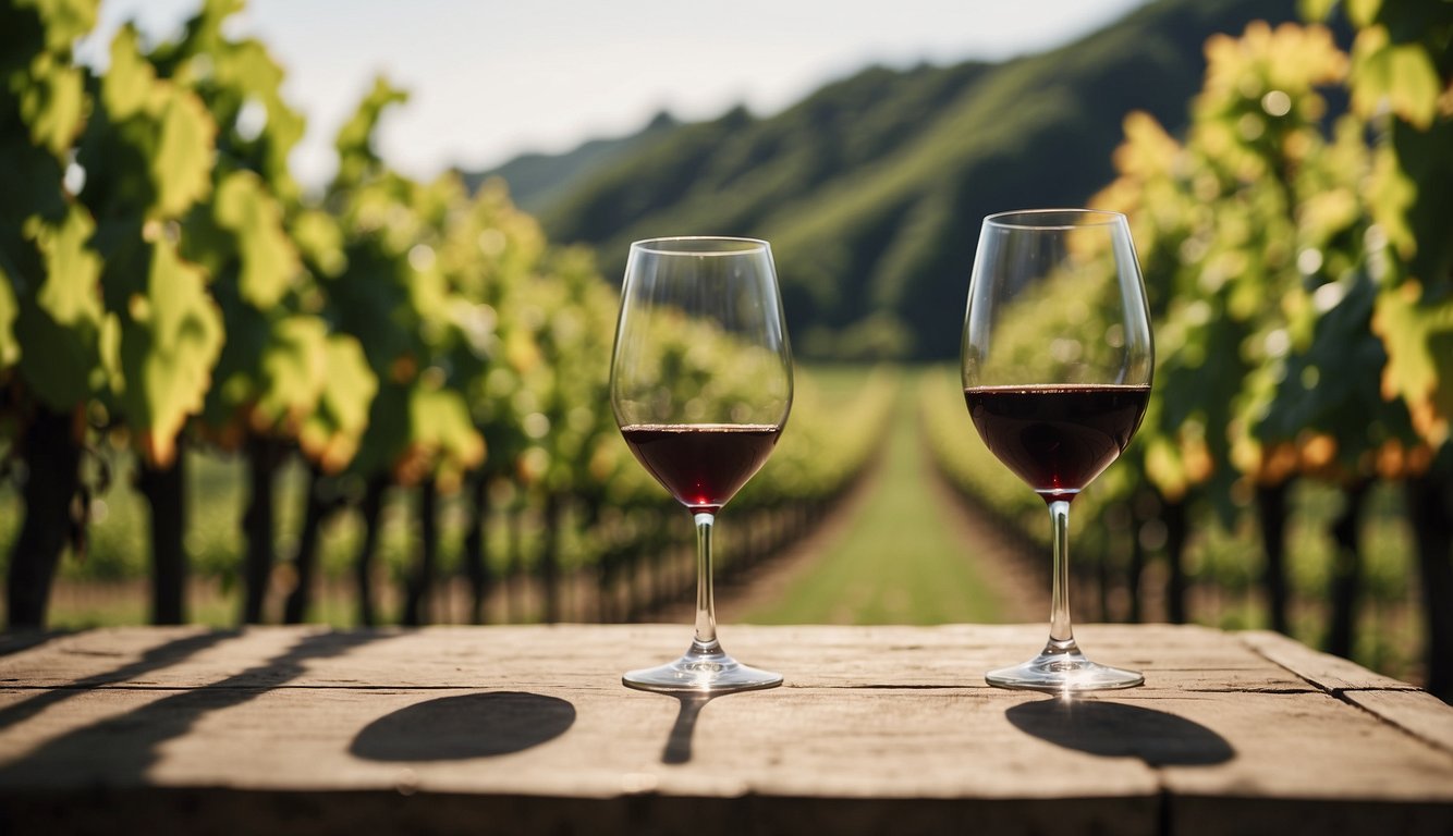 Vineyards stretch across rolling hills, with a historic Dutch homestead in the distance. Tourists sample wine at outdoor tasting rooms, surrounded by lush greenery