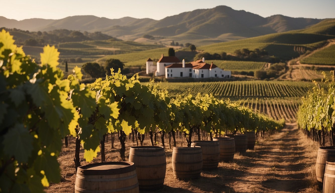 Vineyards stretching across rolling hills, with historic Cape Dutch architecture in the background. Modern winemaking equipment and barrels visible