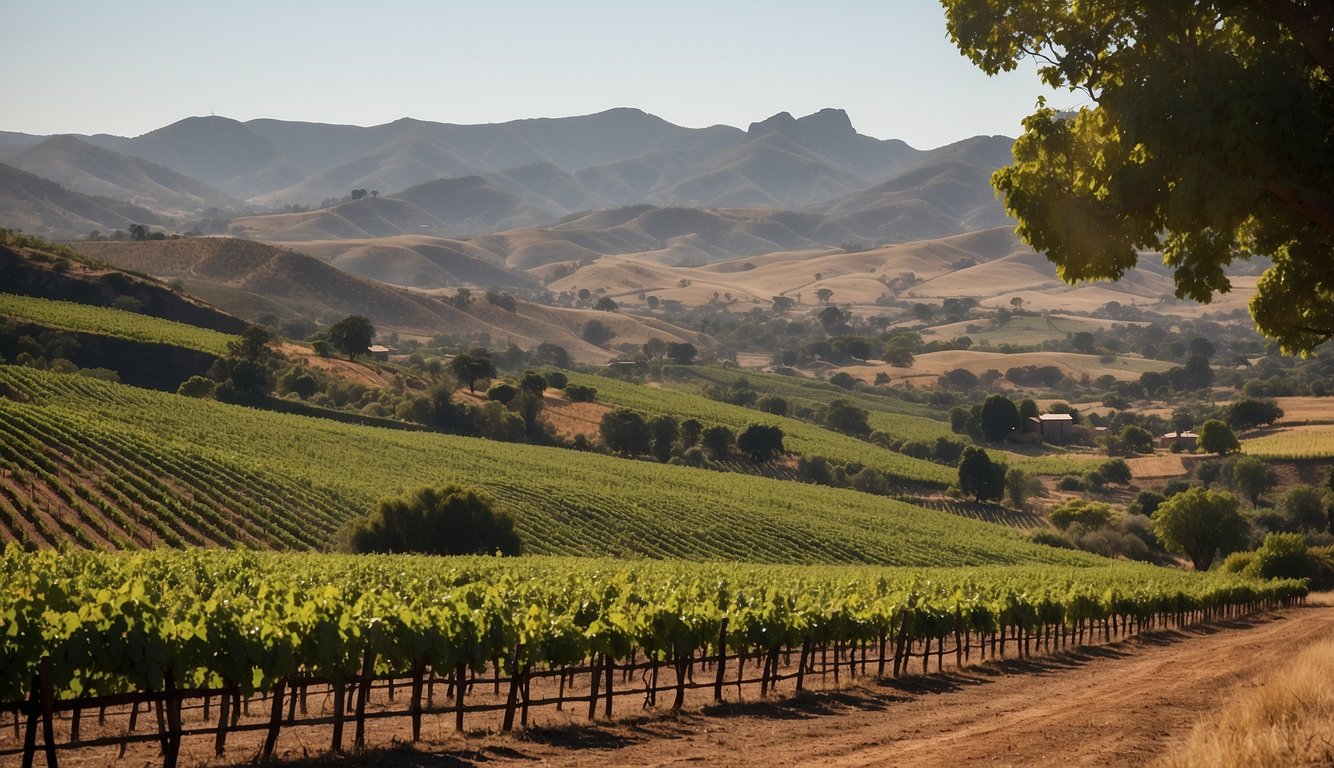 Vineyards sprawl across rolling hills, with rows of grapevines stretching towards the horizon. A historic Dutch settler's homestead stands in the distance, nestled among the lush greenery of South Africa's wine regions