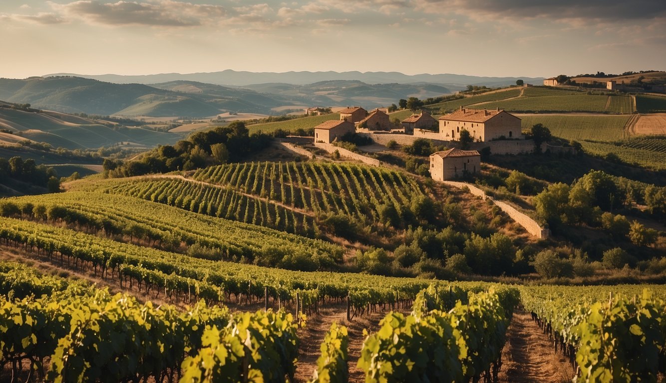 Vineyards stretch across the rolling hills of Gaul and Hispania, bustling with activity as merchants trade and transport wine, influenced by the Roman Empire's economic impact