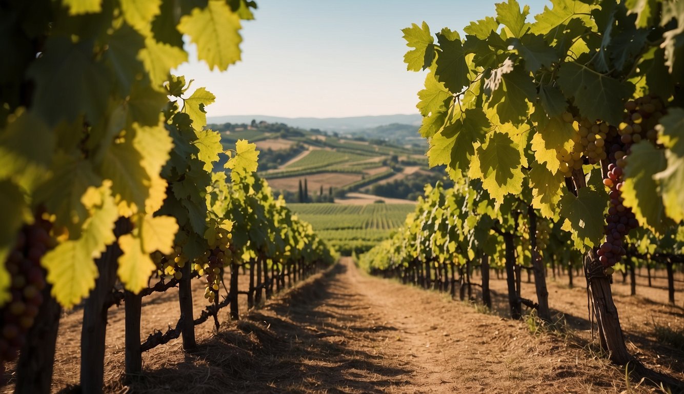 Lush vineyards sprawl across rolling hills, with ancient Roman ruins in the background. Grapes dangle from trellises, evoking the legacy of Roman viticulture in European wine regions